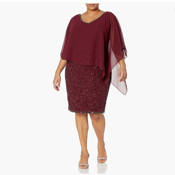 J Kara Women's Size Caplet V-Neck Short Cocktail Beaded Dress, Cranberry Multi - Picture 2 of 11
